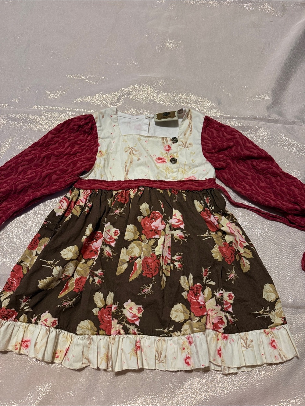 Girls Floral Brown and Cream Long-Sleeve Dress with Burgundy Sleeves